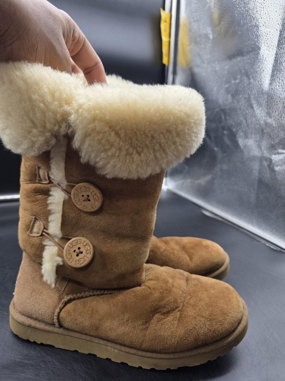 UGG Boots Womens Size 9 Brown Bailey Button Triplet Button Suede Shearling 1873